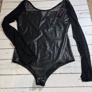 Sky Black Long Sleeve Faux Leather Mesh Bodysuit